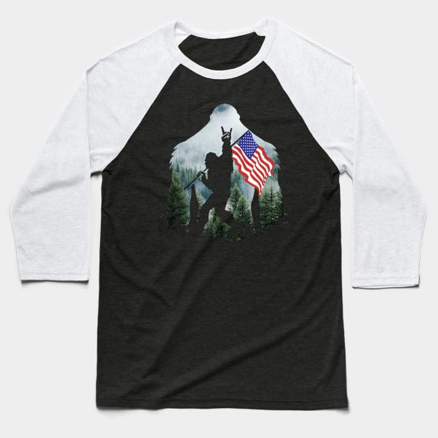 Bigfoot Into The Forest USA Flag Baseball T-Shirt by Phylis Lynn Spencer